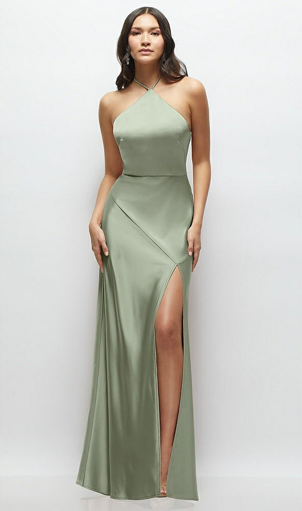 Front View - Sage High Halter Tie-Strap Open-Back Satin Maxi Dress