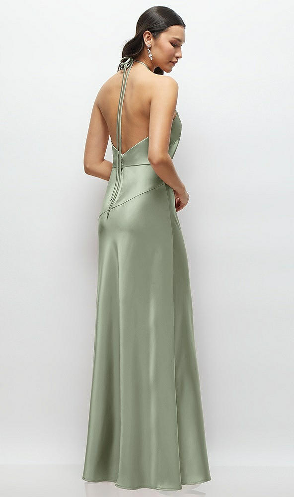 Back View - Sage High Halter Tie-Strap Open-Back Satin Maxi Dress