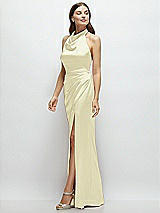 Side View Thumbnail - Butter Yellow Cowl Halter Open-Back Satin Maxi Dress