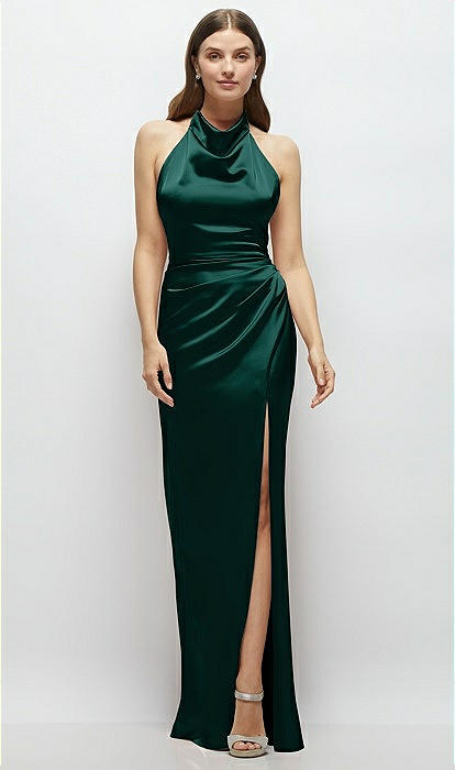 Cowl Halter Open-back Satin Maxi Bridesmaid Dress In Evergreen