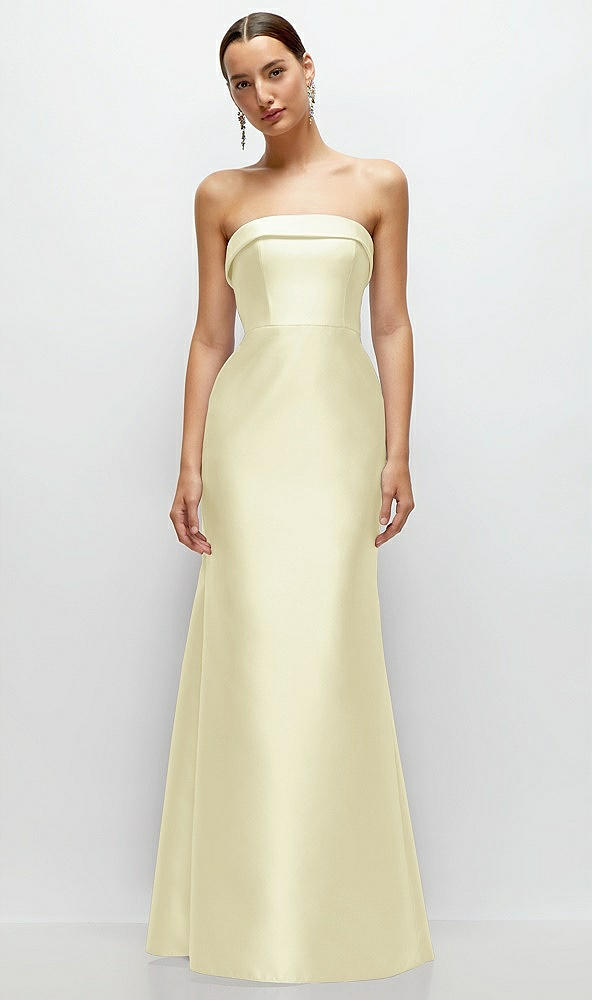 Front View - Butter Yellow Strapless Cuff Neckline Satin Trumpet Gown