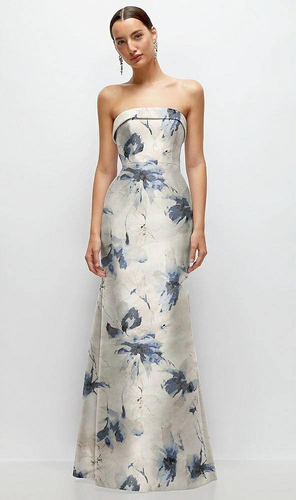 Front View - Inkwash Blue Floral Strapless Cuff Neckline Floral Satin Trumpet Gown