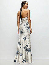Rear View Thumbnail - Inkwash Blue Floral Strapless Cuff Neckline Floral Satin Trumpet Gown