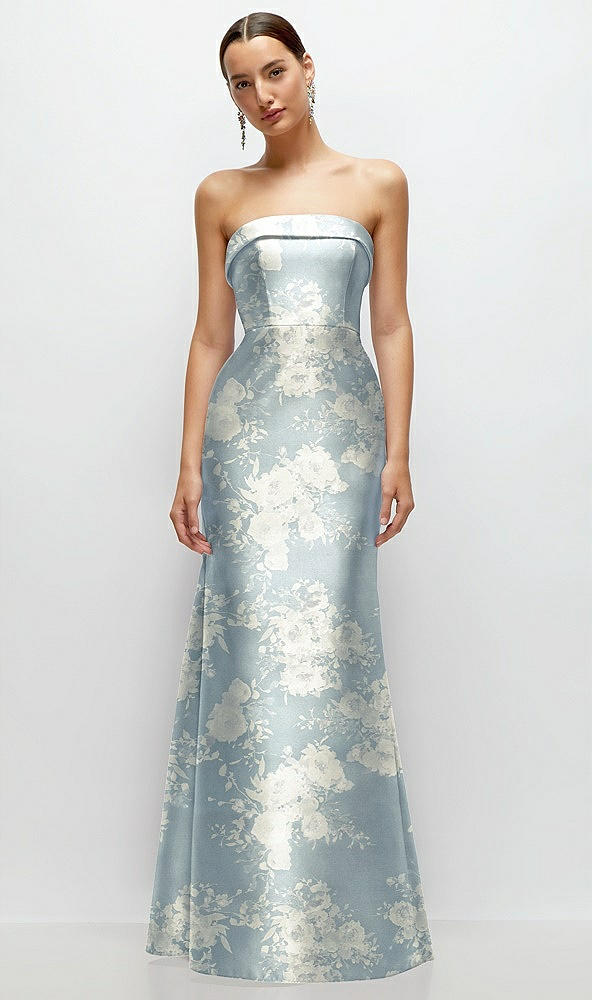 Front View - Porcelain Blue Seraphina Floral Strapless Cuff Neckline Floral Satin Trumpet Gown