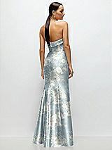 Rear View Thumbnail - Porcelain Blue Seraphina Floral Strapless Cuff Neckline Floral Satin Trumpet Gown