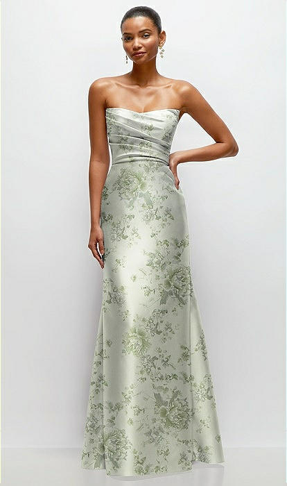 Strapless Cat-eye Draped Bodice Floral Satin Tumpet