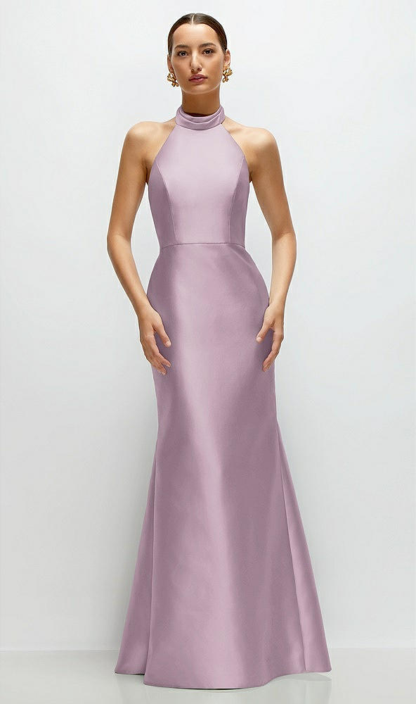 Front View - Suede Rose High-Neck Halter Open-Back Satin Trumpet Dress