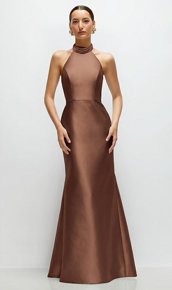 Front View - Cognac High-Neck Halter Open-Back Satin Trumpet Dress