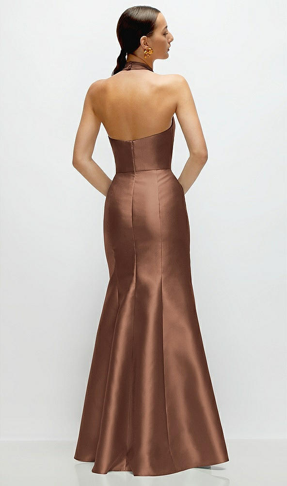 Back View - Cognac High-Neck Halter Open-Back Satin Trumpet Dress