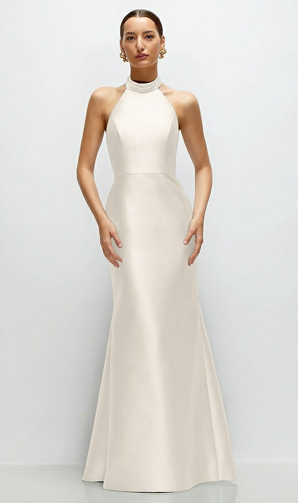 Front View - Ivory High-Neck Halter Open-Back Satin Trumpet Dress 