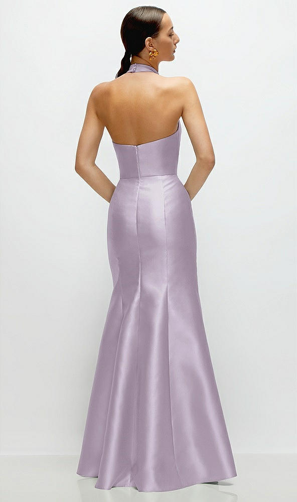 Back View - Lilac Haze High-Neck Halter Open-Back Satin Trumpet Dress