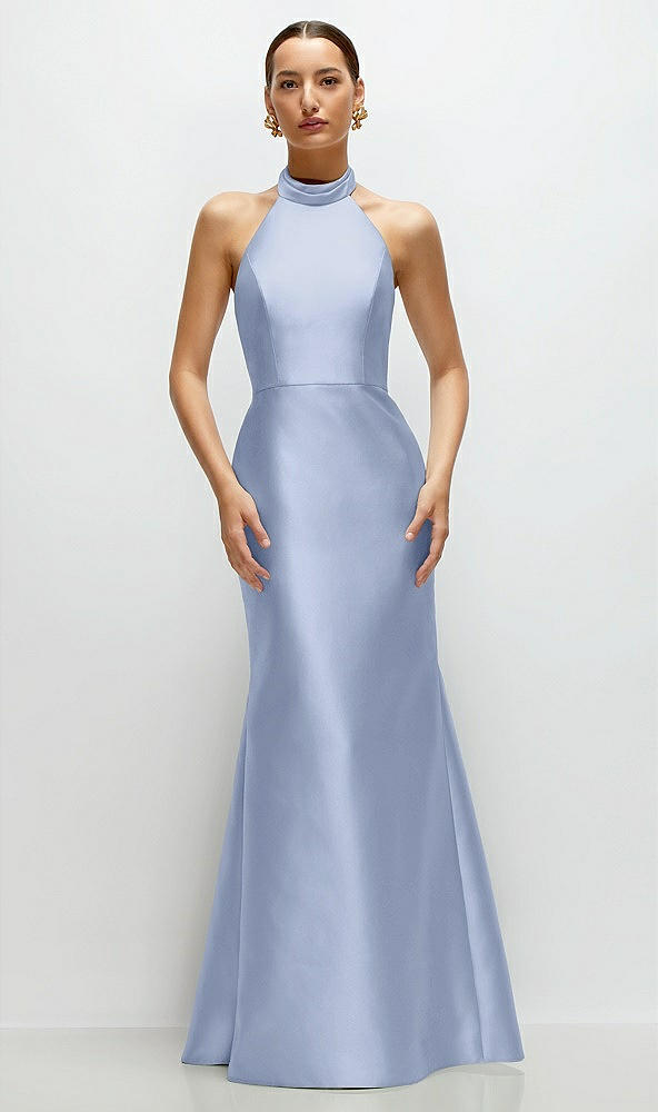 Front View - Sky Blue High-Neck Halter Open-Back Satin Trumpet Dress