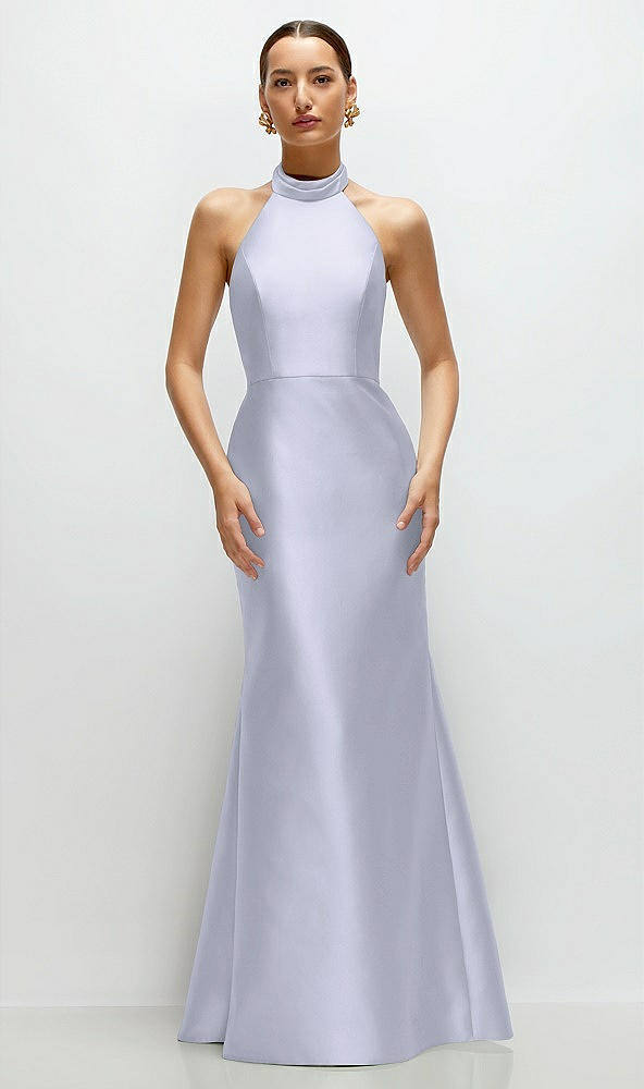 Front View - Silver Dove High-Neck Halter Open-Back Satin Trumpet Dress