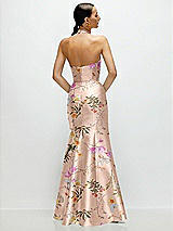 Rear View Thumbnail - Butterfly Botanica Pink Sand High-Neck Halter Open-Back Floral Satin Trumpet Dress