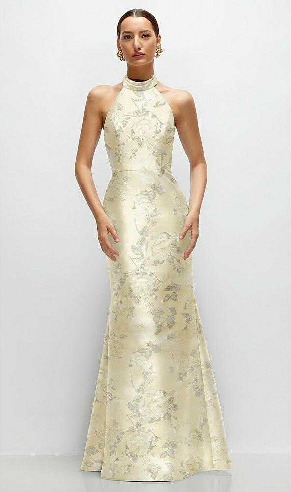 Front View - Butter Yellow Floral High-Neck Halter Open-Back Floral Satin Trumpet Dress