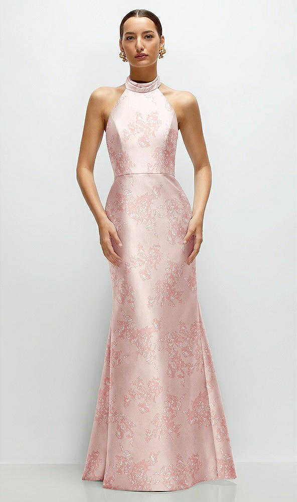 Front View - Bow And Blossom Print High-Neck Halter Open-Back Floral Satin Trumpet Dress