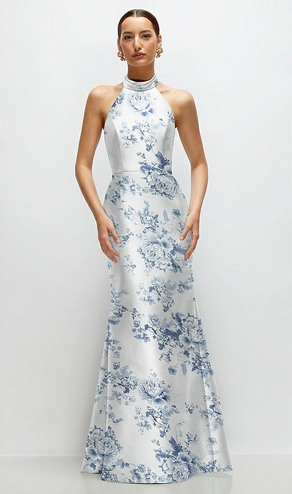 Front View - Cottage Rose Larkspur High-Neck Halter Open-Back Floral Satin Trumpet Dress