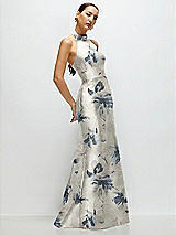 Side View Thumbnail - Inkwash Blue Floral High-Neck Halter Open-Back Floral Satin Trumpet Dress