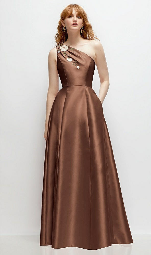 Front View - Cognac One-Shoulder Full A-Line Satin Gown with Handworked Floral Appliqué