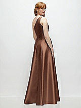 Rear View Thumbnail - Cognac One-Shoulder Full A-Line Satin Gown with Handworked Floral Appliqué