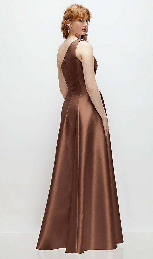 Back View - Cognac One-Shoulder Full A-Line Satin Gown with Handworked Floral Appliqué