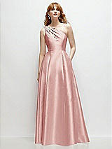 Front View Thumbnail - Rose One-Shoulder Full A-Line Satin Gown with Handworked Floral Appliqué