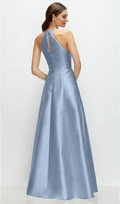 Jewel Neck Halter Full A-line Satin Maxi Bridesmaid Dress In