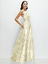 Side View Thumbnail - Butter Yellow Floral Jewel Neck Halter Full A-Line Satin Floral Maxi Dress