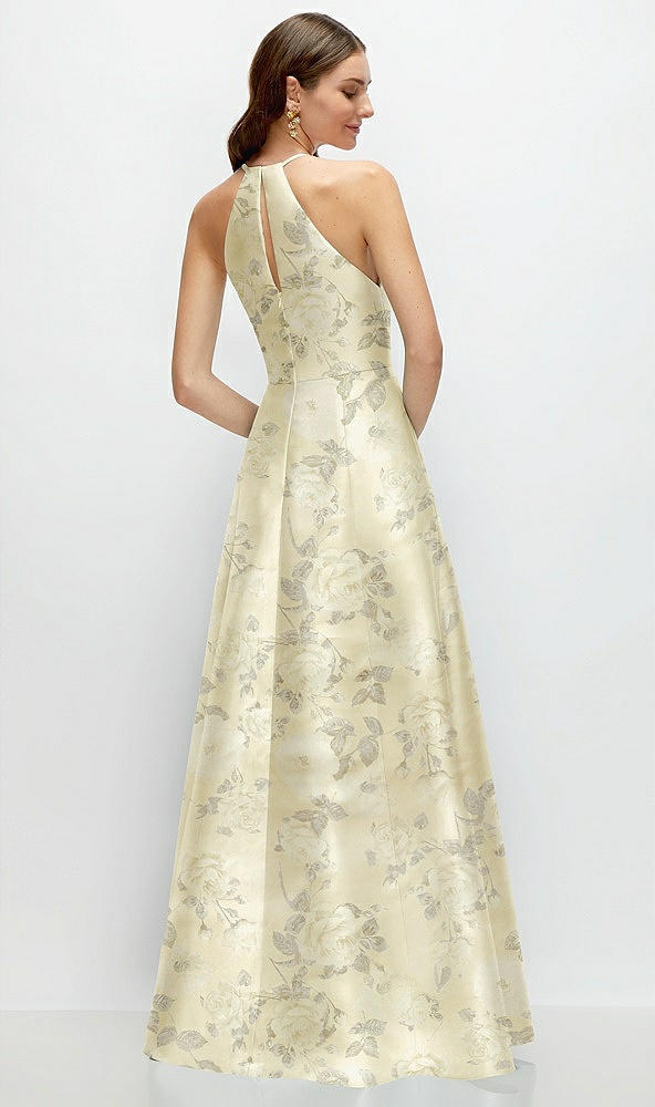 Back View - Butter Yellow Floral Jewel Neck Halter Full A-Line Satin Floral Maxi Dress