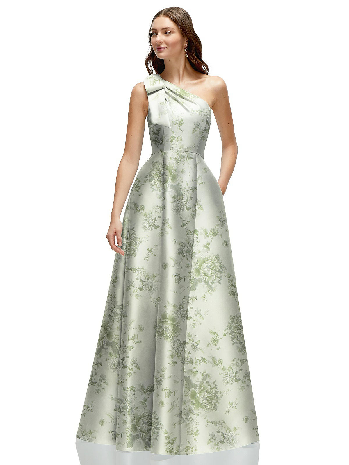 Bow One-shoulder Full A-line Floral Satin Maxi Bridesmaid