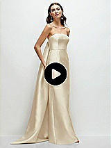 Video 1 Thumbnail - Blush Strapless Satin Column Dress with Removeable Watteau Train