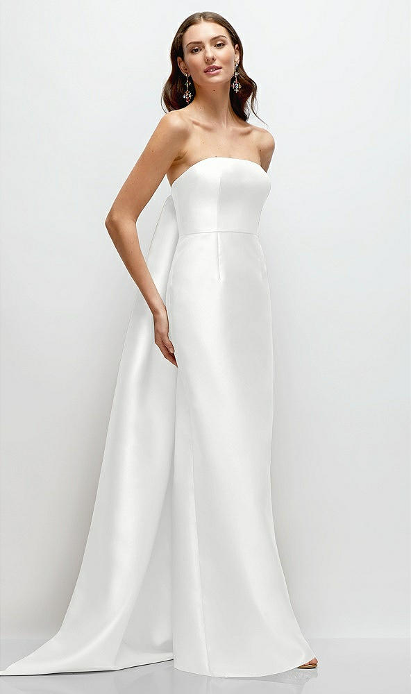 Front View - White Strapless Satin Column Dress with Removeable Watteau Train