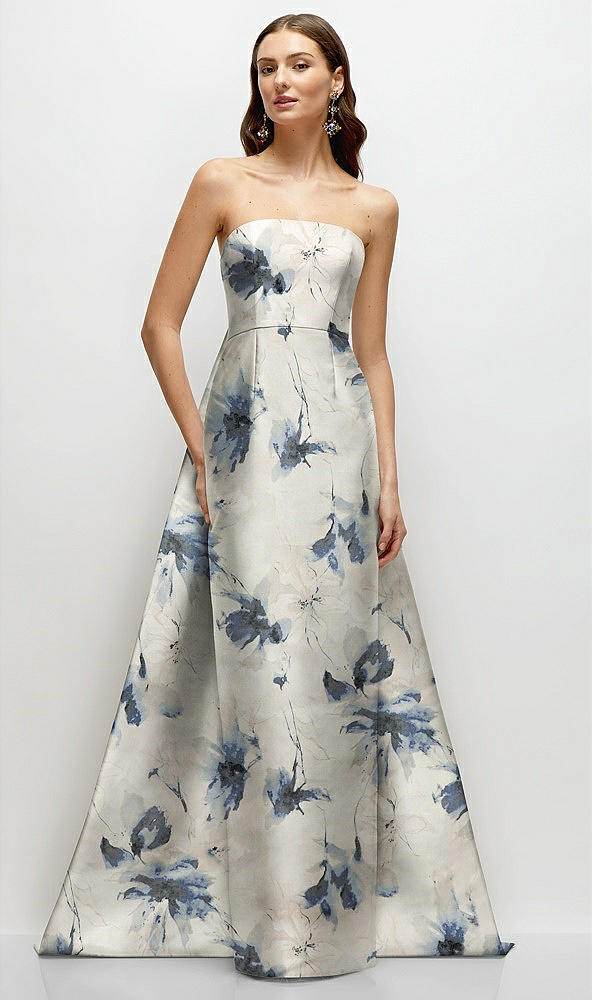 Front View - Inkwash Blue Floral Strapless Floral Satin Column Dress with Removeable Watteau Train