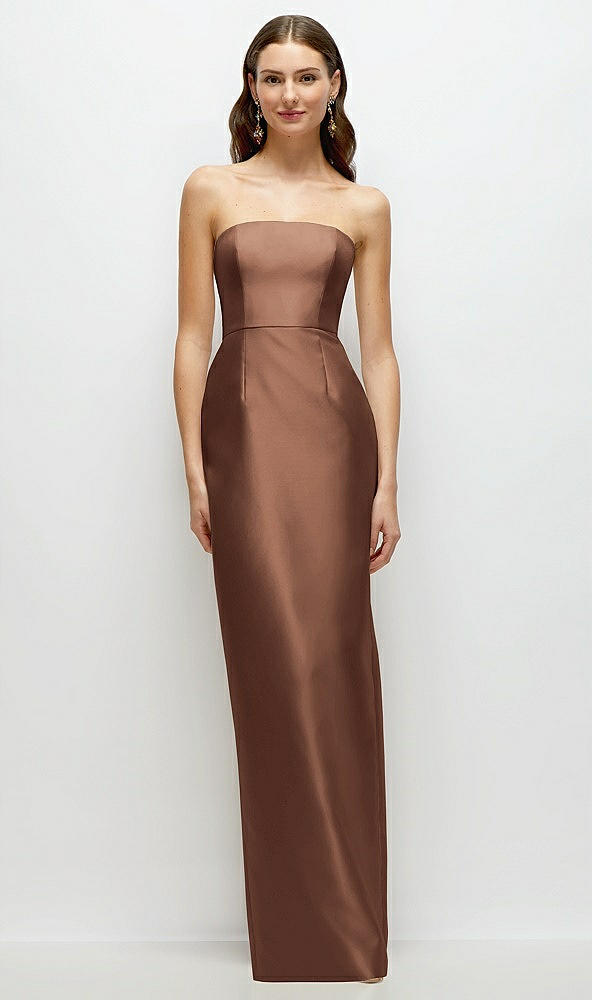 Front View - Cognac Strapless Satin Column Dress with Back Slit