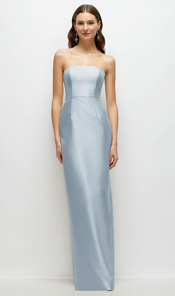 Front View - Mist Strapless Satin Column Dress with Back Slit