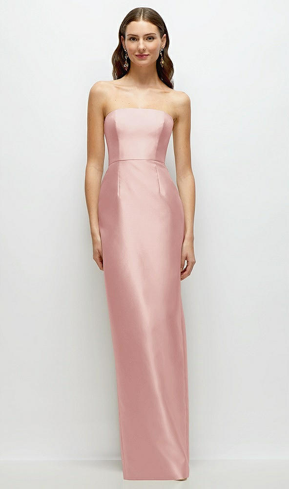 Front View - Rose Strapless Satin Column Dress with Back Slit