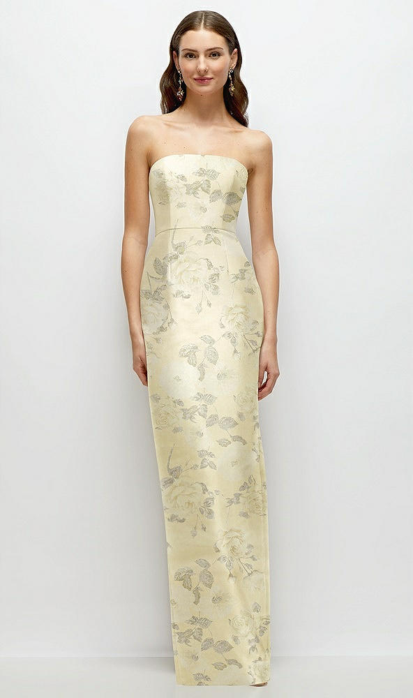 Front View - Butter Yellow Floral Strapless Floral Satin Column Dress with Back Slit