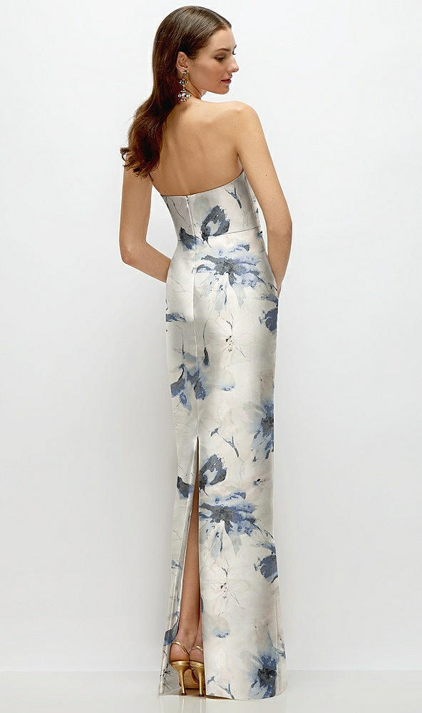 Back View - Inkwash Blue Floral Strapless Floral Satin Column Dress with Back Slit