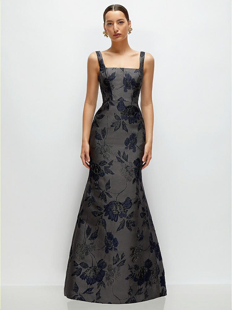Noir Midnight Navy Square Neck Floral Metallic Jacquard Midi