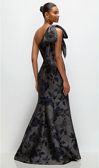 Noir Midnight Navy Bow One-shoulder Floral Metallic Jacquard Maxi