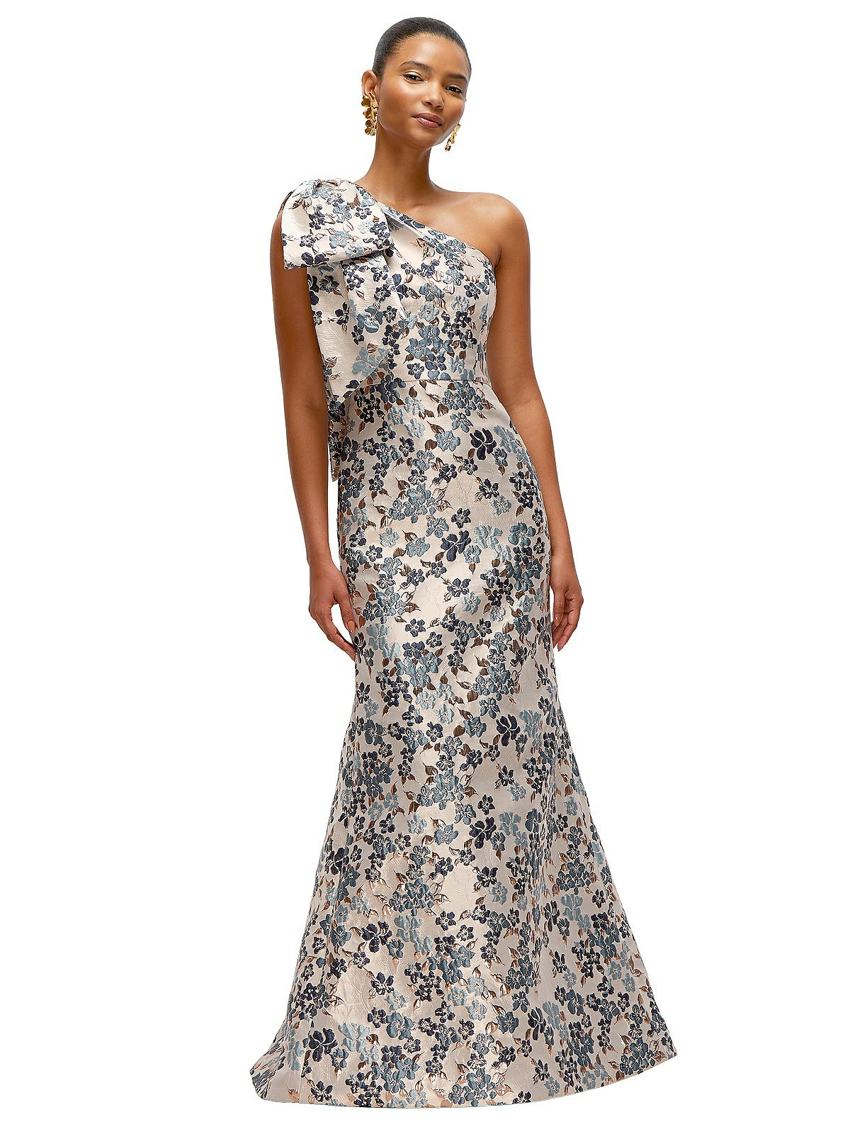 Bow One-shoulder Gilt Indigo Brocade Floral Maxi Bridesmaid