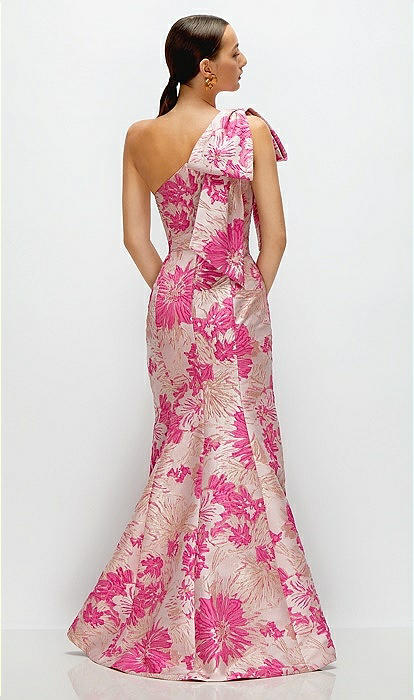 Hibiscus Pink Bow One-shoulder Floral Jacquard Maxi Bridesmaid