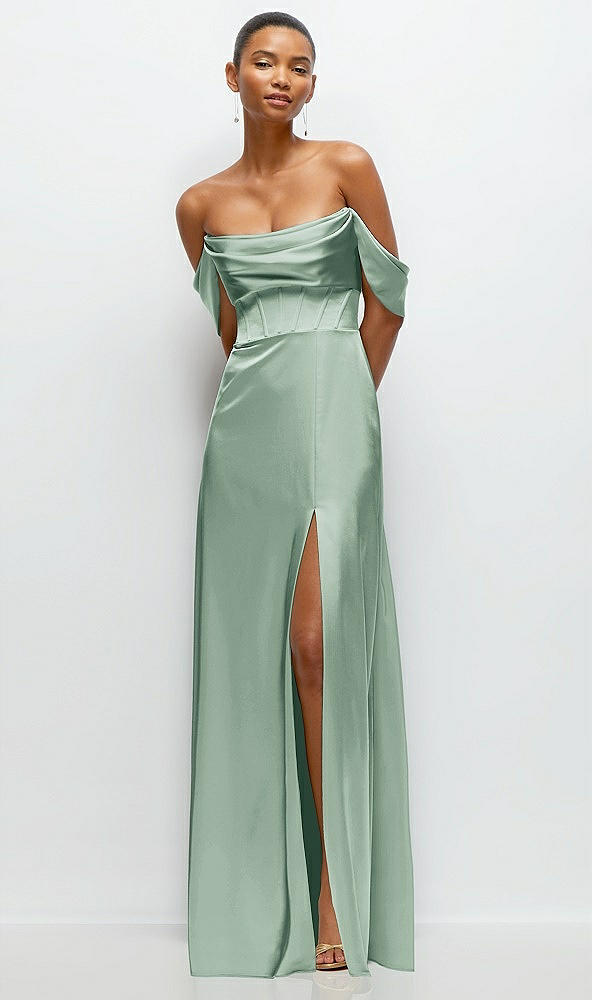 Front View - Seagrass A-Line Satin Maxi Dress with Convertible Off-the-Shoulder or Strapless Looks