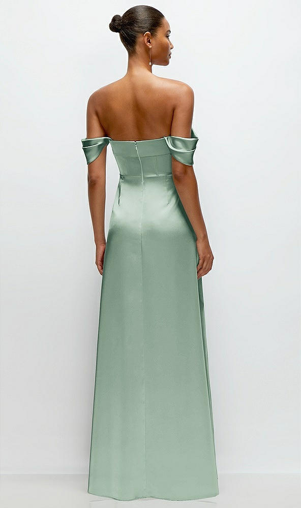 Back View - Seagrass A-Line Satin Maxi Dress with Convertible Off-the-Shoulder or Strapless Looks