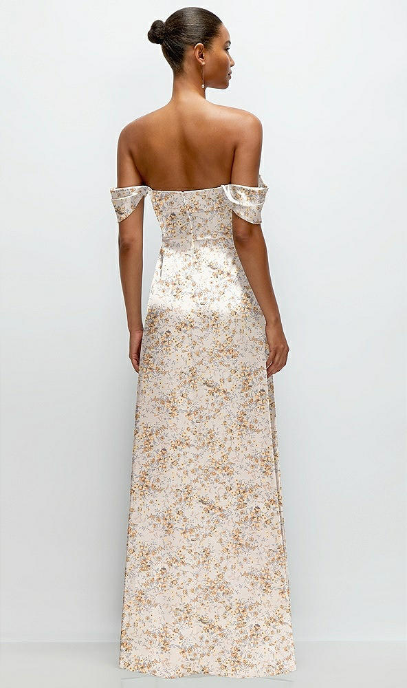 Back View - Golden Hour Floral A-Line Satin Maxi Dress with Convertible Off-the-Shoulder or Strapless Looks