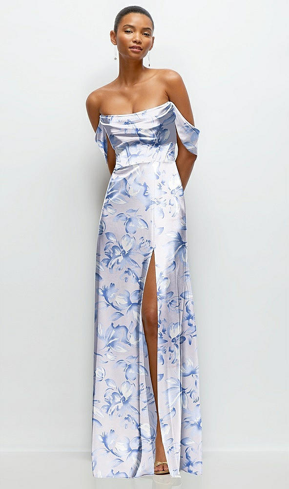 Front View - Magnolia Sky Floral A-Line Satin Maxi Dress with Convertible Off-the-Shoulder or Strapless Looks