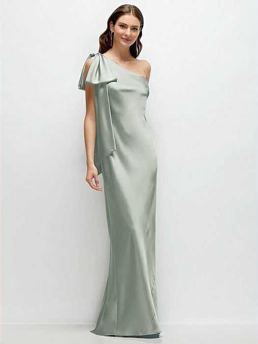 One-Shoulder Bias-Cut Satin Maxi Dress with Cascading Shoulder Bow