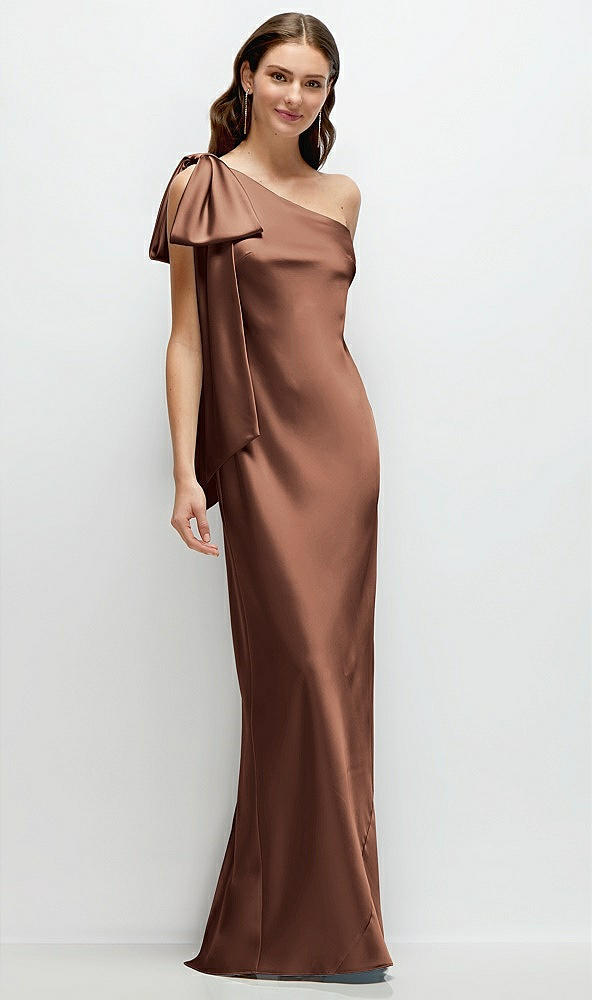 Front View - Cognac One-Shoulder Bias-Cut Satin Maxi Dress with Cascading Shoulder Bow