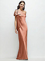 Front View Thumbnail - Copper Penny One-Shoulder Bias-Cut Satin Maxi Dress with Cascading Shoulder Bow