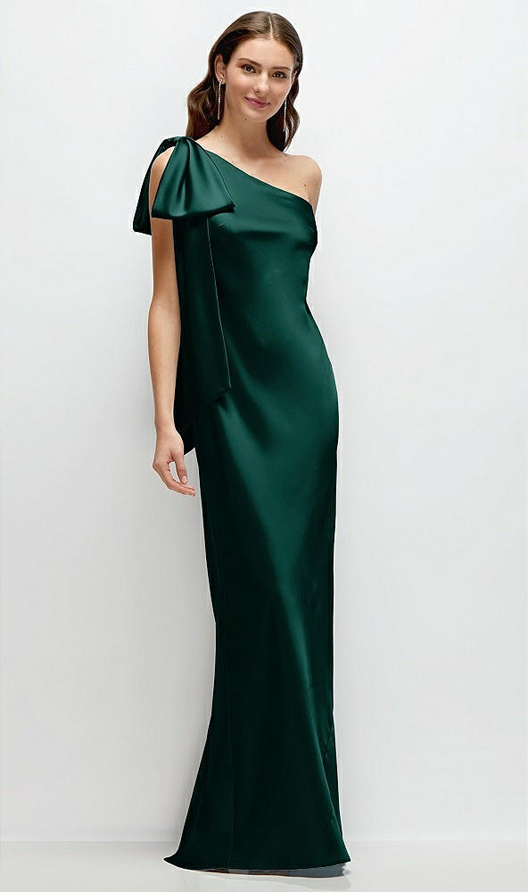 Front View - Evergreen One-Shoulder Bias-Cut Satin Maxi Dress with Cascading Shoulder Bow